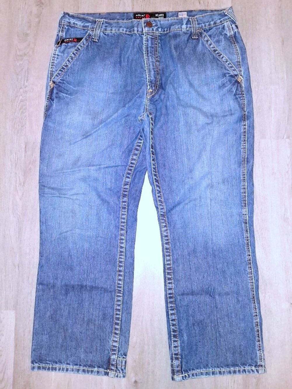 Ariat FR M4 Relaxed Boot Cut Jeans Men's Size 40/30 Distressed Denim Western